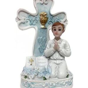 First Communion Praying Boy with Blue Cross Figurine Favor Religious Gift